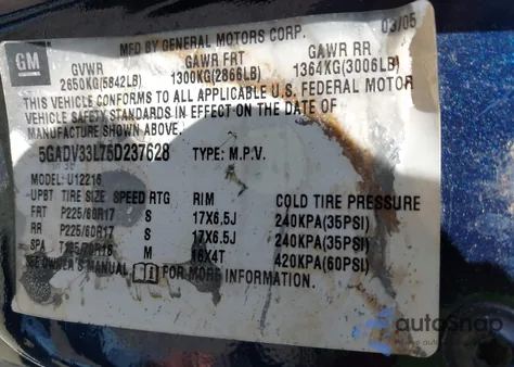 2005 Buick Terraza Cxl z USA, uszkodzony, nr VIN 5GADV33L75D237628